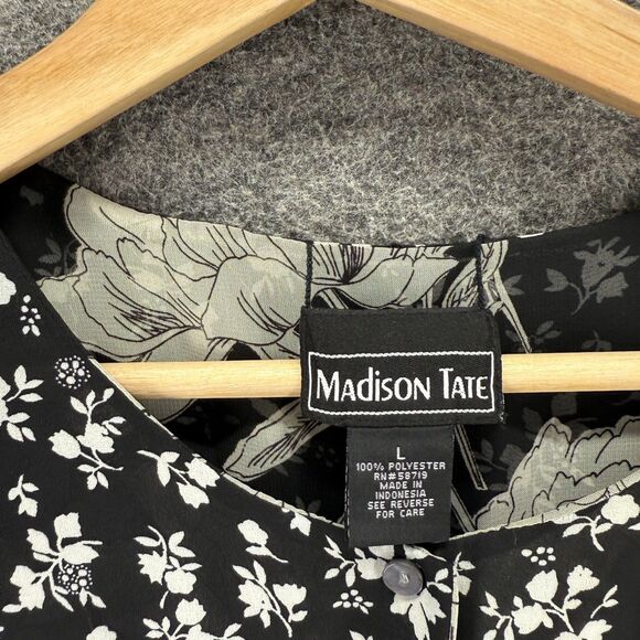 Madison Tate Top Women L Large Black Floral Button Up Short Sleeve Crew Neck - Picture 3 of 6